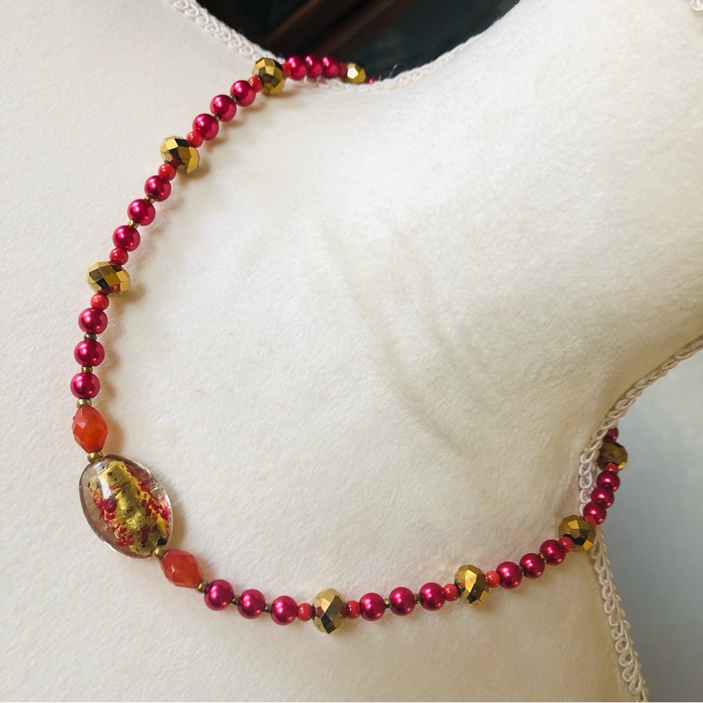 Handcrafted repurpose elegant crystal red coral Czech glass Pearl necklace